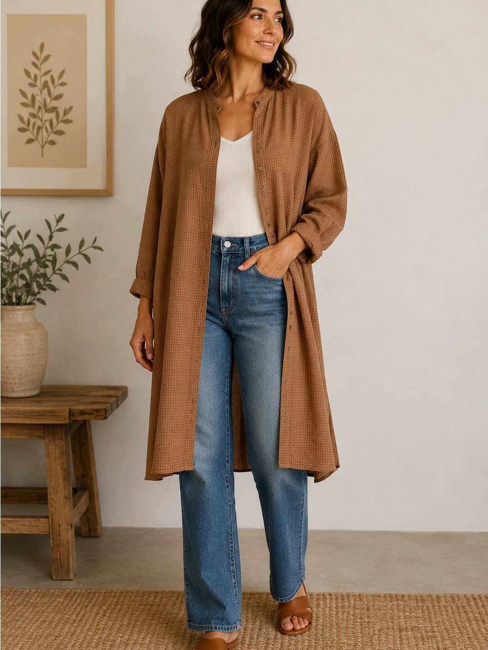 Linen Gingham Button-Front Dress Duster in Brown Caramel M